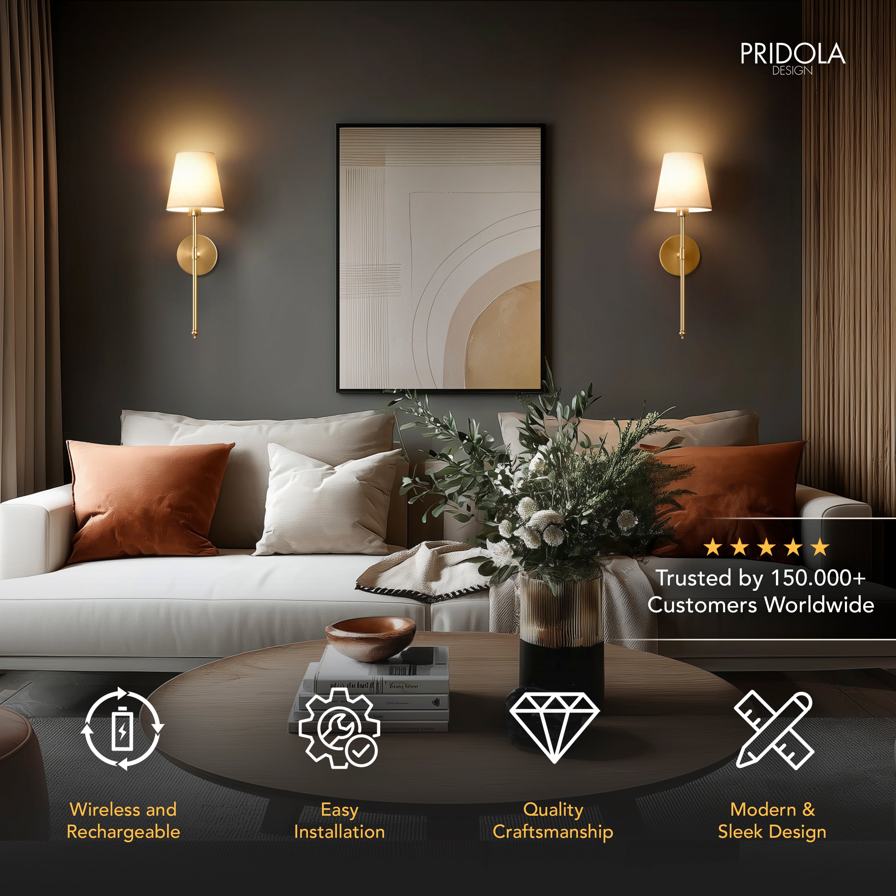 WIRELESS WALL SCONCE (SET OF 2 + 2 BULBS INCLUDED)